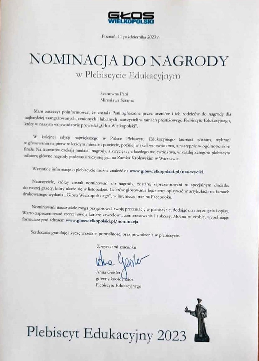 Nominacje do nagrody w Plebiscycie Edukacyjnym 2023