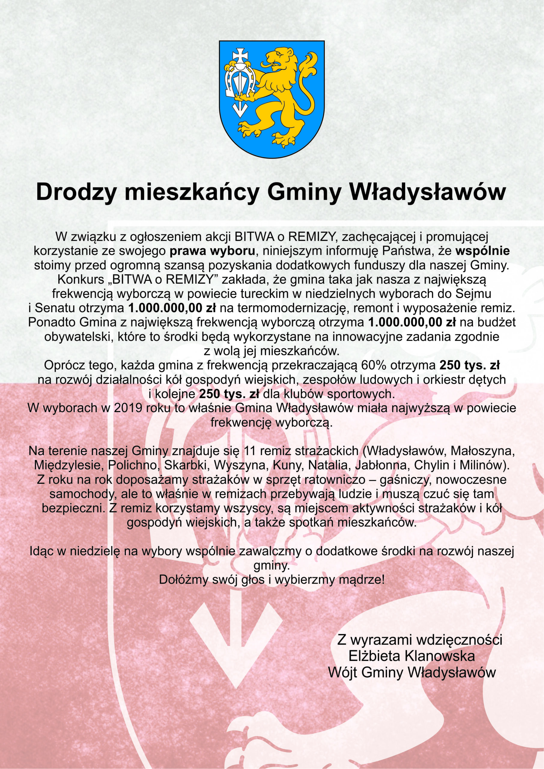 Idźmy na wybory i głosujmy! Powalczmy jednocześnie o pieniądze dla Gminy Władysławów