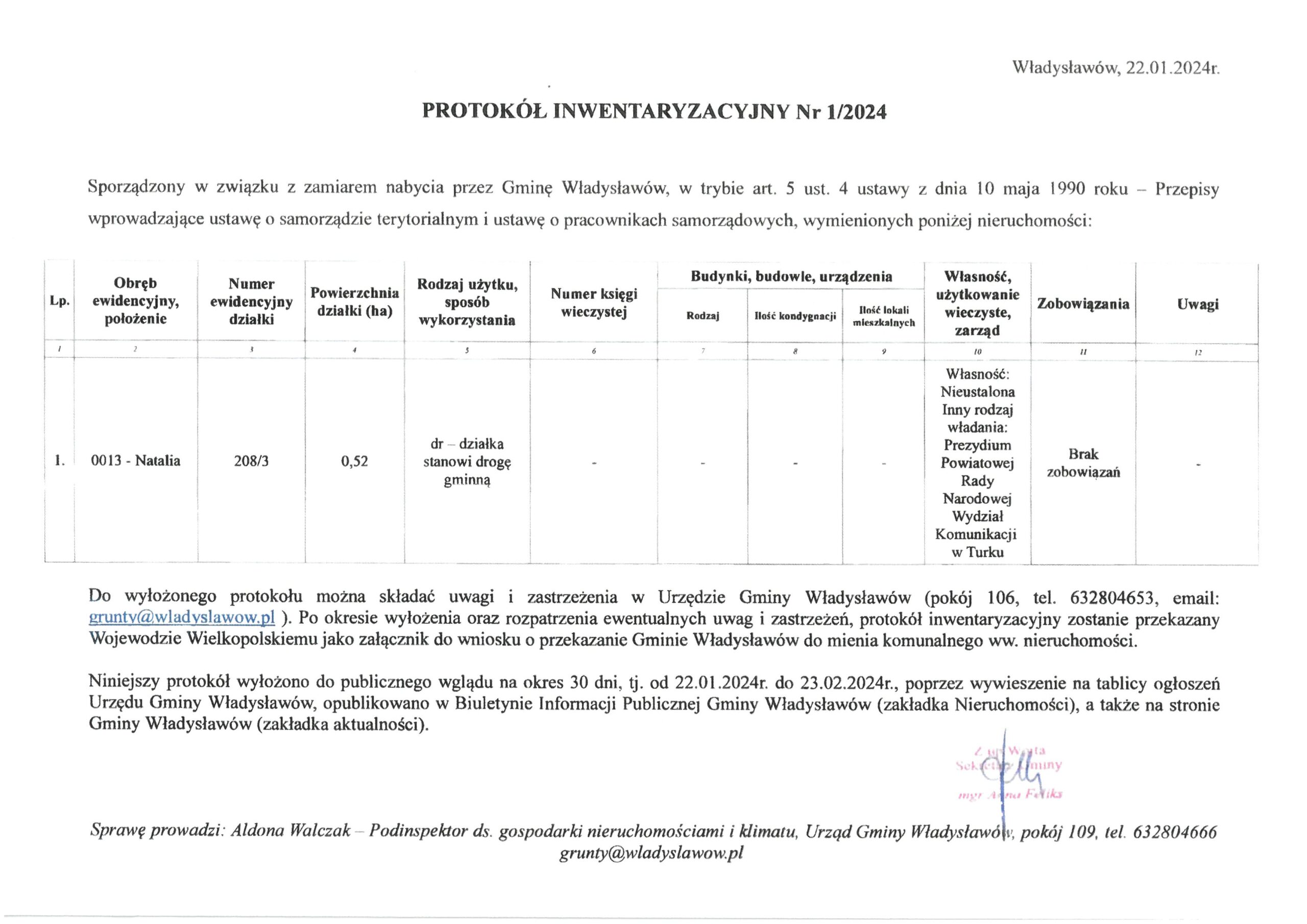 PROTOKÓŁ INWENTARYZACYJNY Nr 1/2024