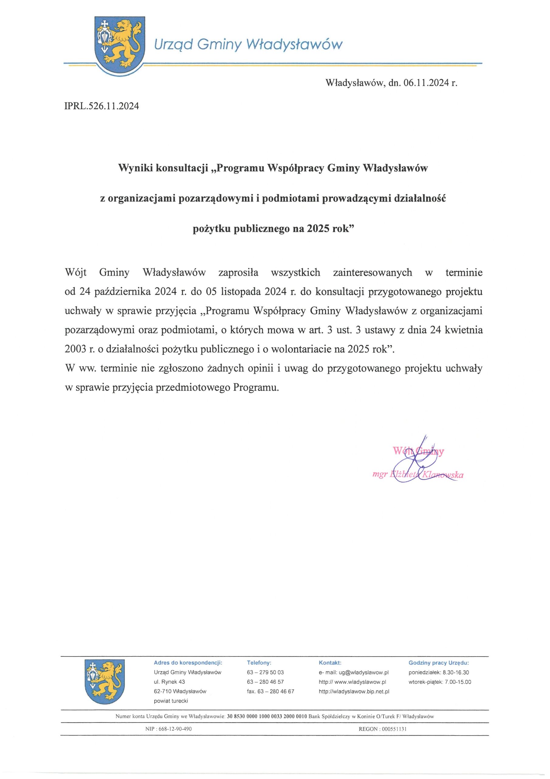 Wyniki konsultacji ,,Programu Współpracy Gminy Władysławów z organizacjami pozarządowymi i podmiotami prowadzącymi działalność pożytku publicznego na 2025 rok”